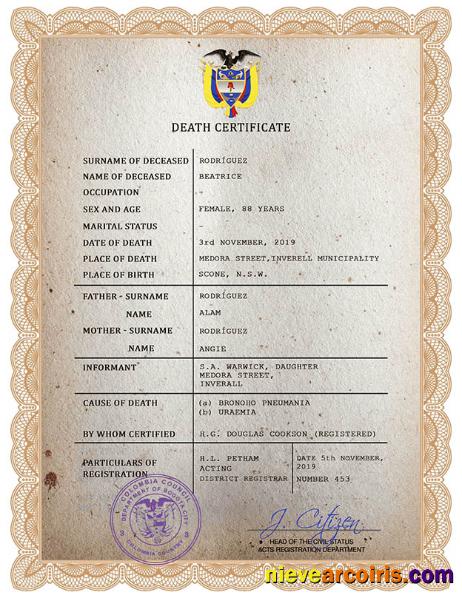 Colombia vital record death certificate